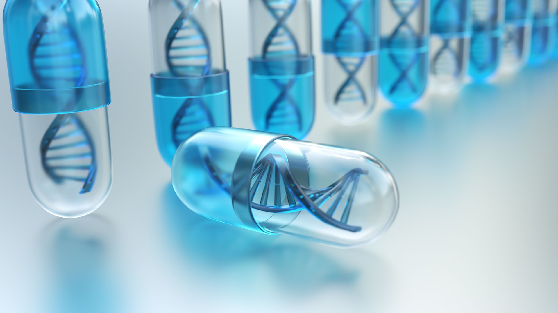 Blue glass capsules or pills with DNA structure